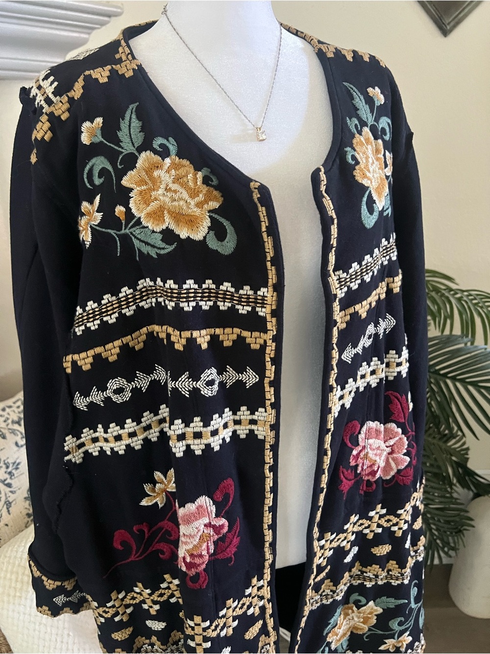 Johnny Was Black Embroidered Floral Open Front Coat - Picture 5 of 11